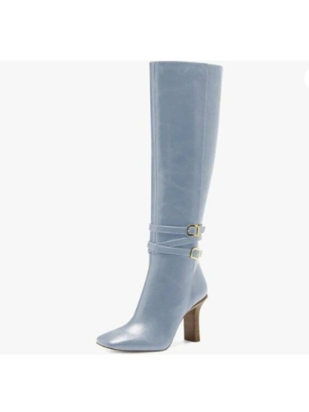 FSJ Women Fashion Knee High Long Boots Pull On Closed Toe Chunky Mid Heel Blue
